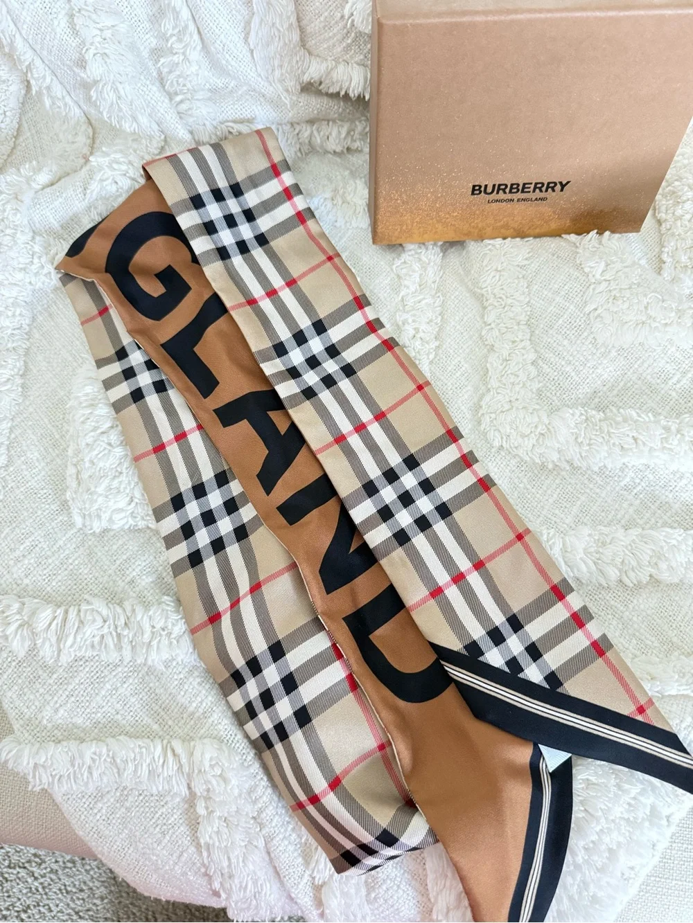 Burberry Beige, Tan & Black Check Silk Twilly Scarf